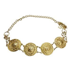 Vintage Gold Tone Medallion Chain Belt Baroque Coin Crest Adjustable Waist